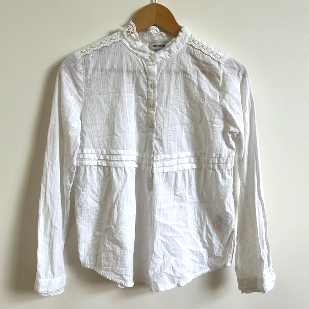 -Zadig & Voltaire White Blouse with Lace Detailing and Skull Buttons Girls 14